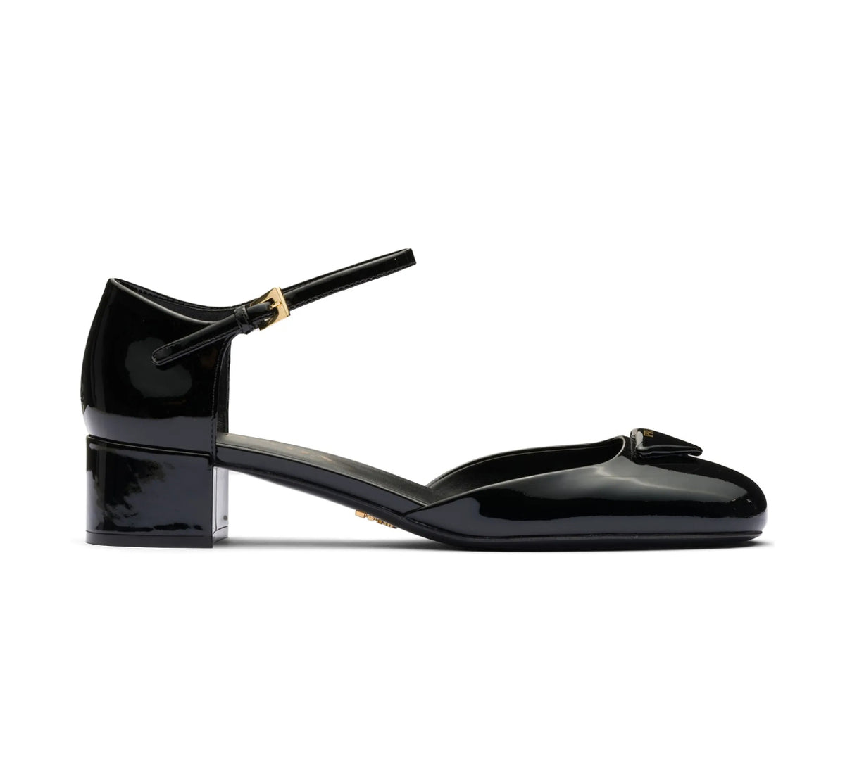 Prada 1E708L,Prada triangle logo patent pumps,Prada black pumps,Prada black heels,Prada chunky heel,Prada black chunky heels,