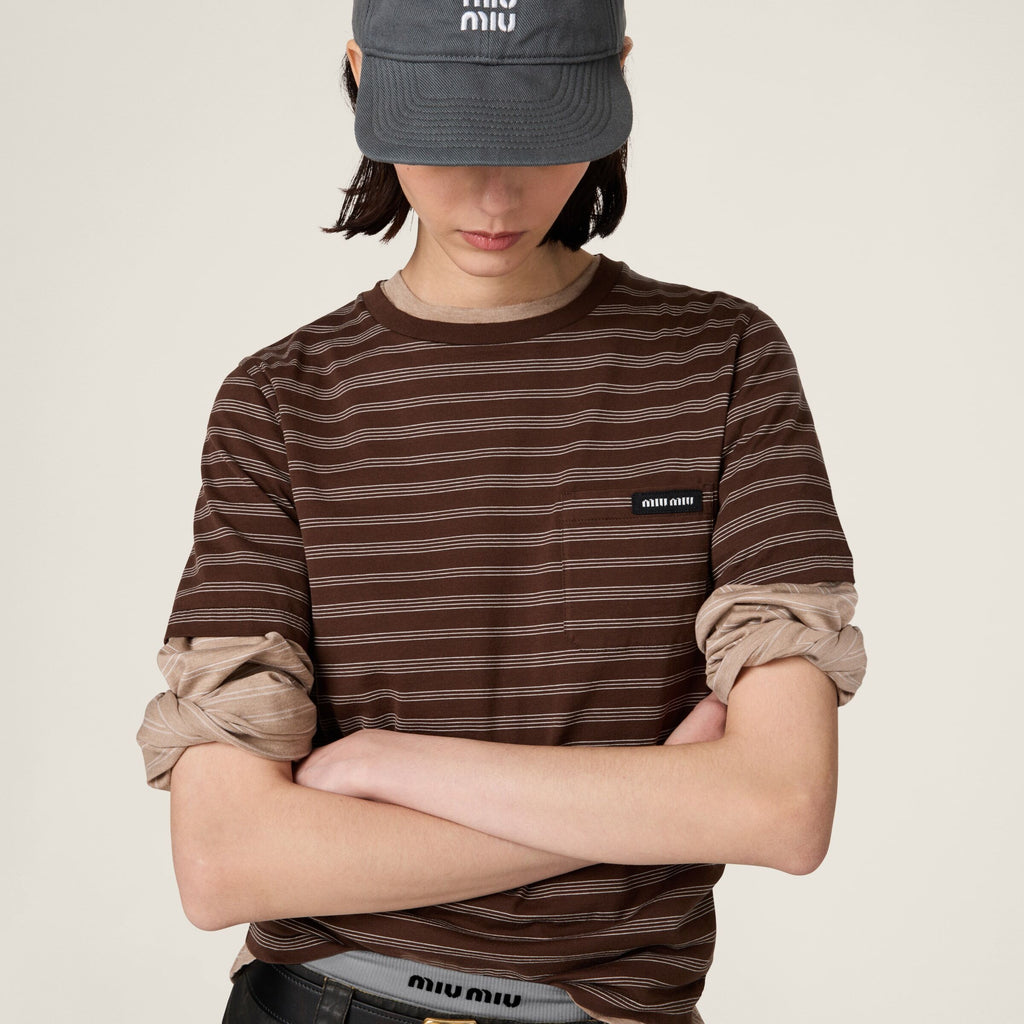 MIU MIU MJN537_14RT_SOOO,Miu Miu jersey T-shirt,Miu Miu brown T-shirt,MIU MIU brown stripe T-shirt,MIU MIU t-shirt 2025,MIU M