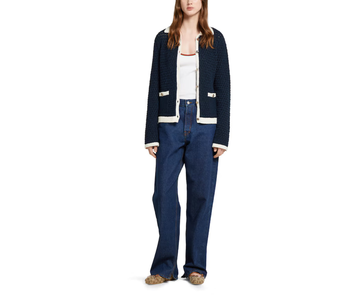 Gucci 836184 XKESV,Gucci fine cotton crochet cardigan,Gucci womens cardigan,Gucci cardigan navy,Gucci cardigan womens navy,Gu