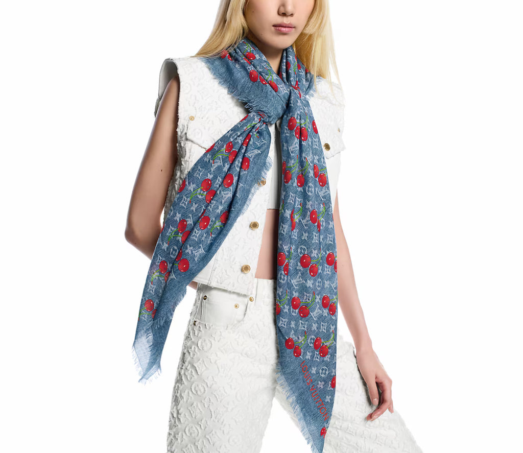 Louis Vuitton M96379,LV M96379,Louis Vuitton LV x TM denim cerise shawl,LV x TM denim cerise scarf,Louis Vuitton x Tm denim s