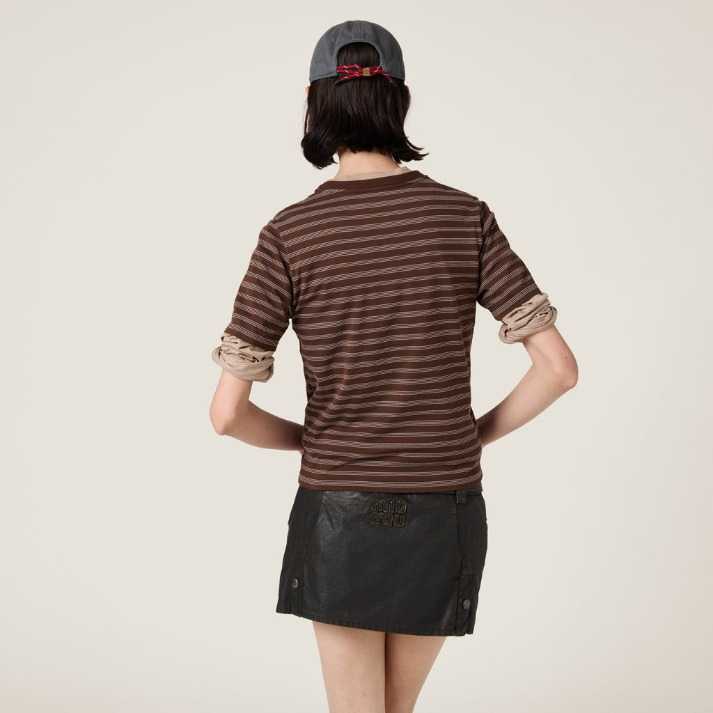 MIU MIU MJN537_14RT_SOOO,Miu Miu jersey T-shirt,Miu Miu brown T-shirt,MIU MIU brown stripe T-shirt,MIU MIU t-shirt 2025,MIU M