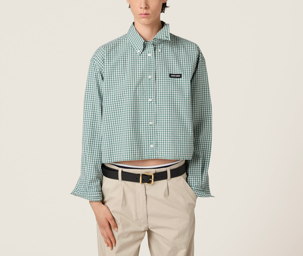 MIU MIU MK1659_17L1_SOOO,Miu Miu checked shirt,Miu Miu green checked shirt,Miu Miu green shirt,MIU MIU shirt,MIU MIU shirt on