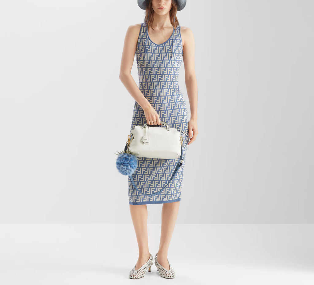 Fendi FZDD38AUHW,Fendi blue monogram dress,Fendi FF logo dress,Fendi FF logo blue dress,Fendi midi dress blue ,Fendi dress bl
