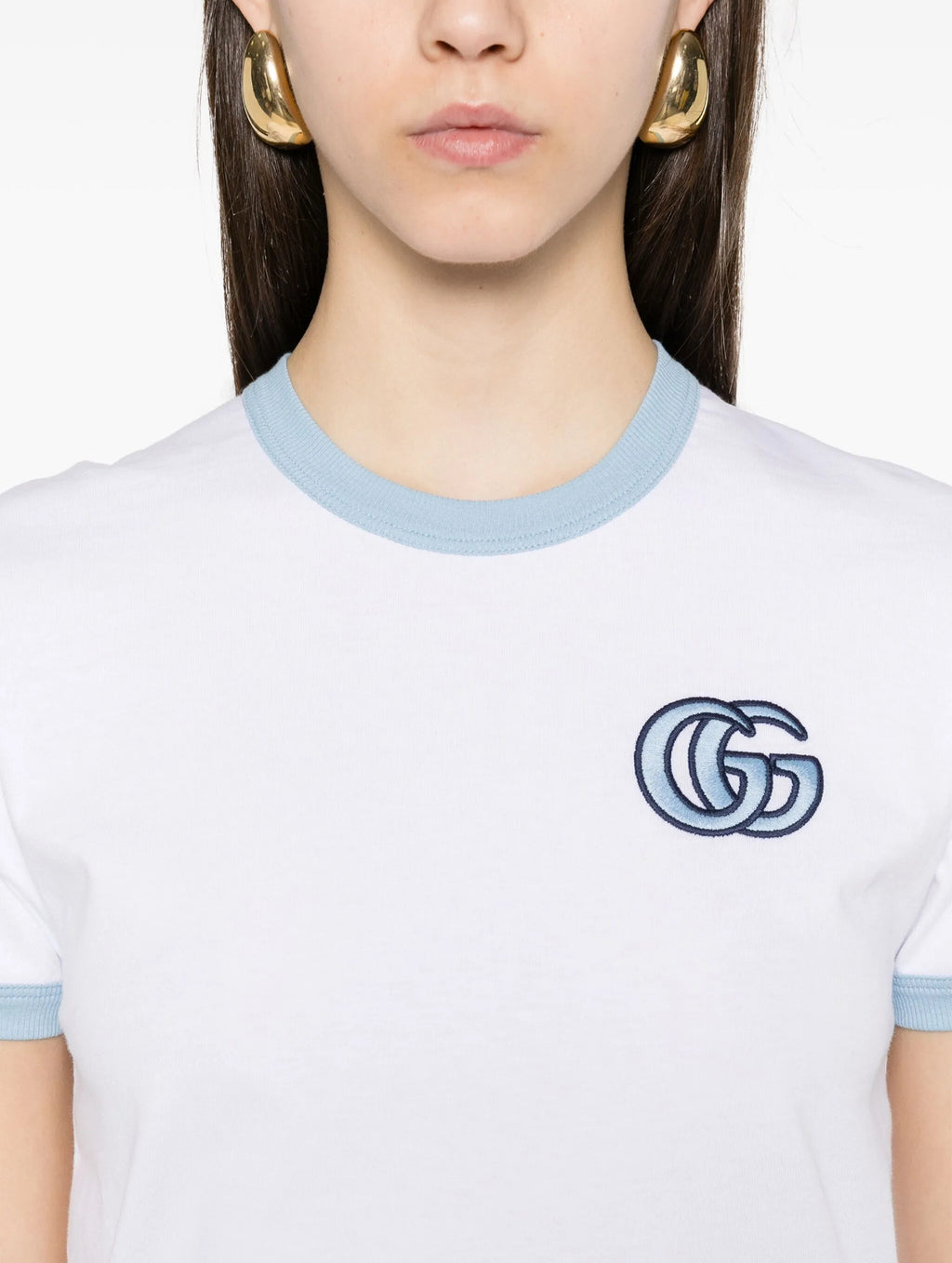 Gucci 81878 7JG5A,Gucci embroidered logo T-shirt,Gucci pink womens t-shirt,Gucci white womens t-shirt,Gucci womens t-shirt,Gu