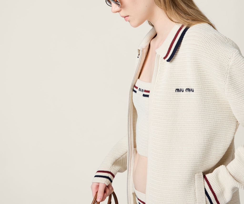 MIU MIU MMF969,Miu Miu cotton knit zipper cardigan,Miu Miu zipper cardigan,Miu Miu zipper cardigan beige,Miu Miu cardigan,Miu