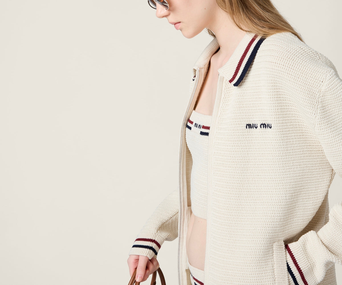 MIU MIU MMF969,Miu Miu cotton knit zipper cardigan,Miu Miu zipper cardigan,Miu Miu zipper cardigan beige,Miu Miu cardigan,Miu