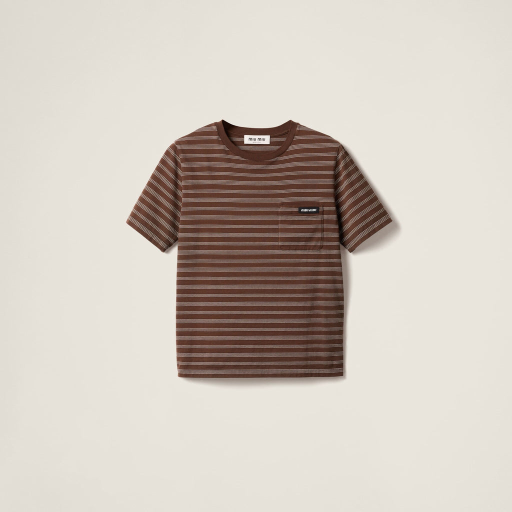 MIU MIU MJN537_14RT_SOOO,Miu Miu jersey T-shirt,Miu Miu brown T-shirt,MIU MIU brown stripe T-shirt,MIU MIU t-shirt 2025,MIU M