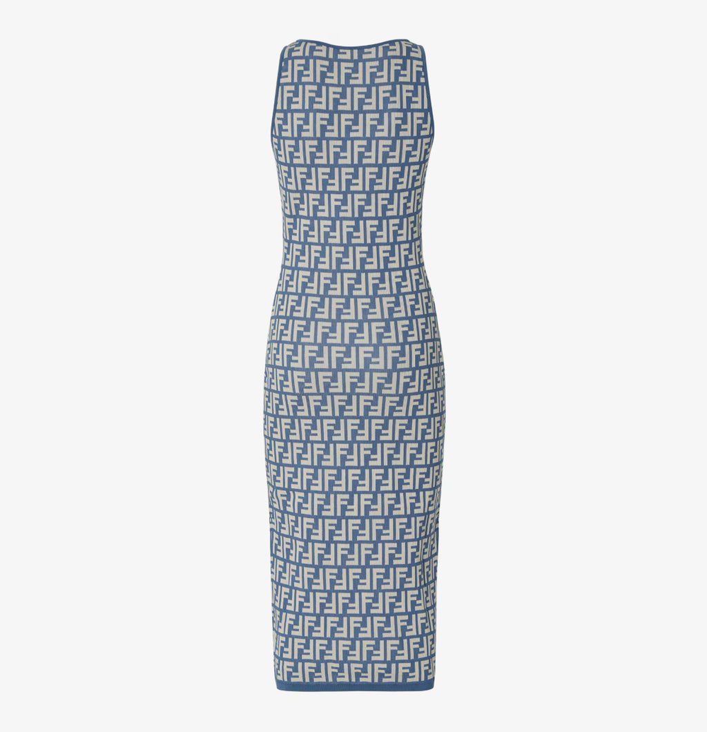 Fendi FZDD38AUHW,Fendi blue monogram dress,Fendi FF logo dress,Fendi FF logo blue dress,Fendi midi dress blue ,Fendi dress bl