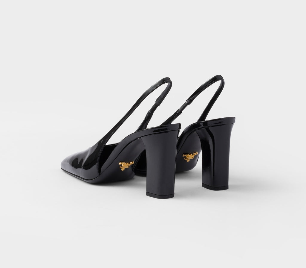 Prada 1I838N,Prada patent leather slingback pumps,Prada slingback pumps,Prada black pumps,Prada chunky heels,Prada black chun