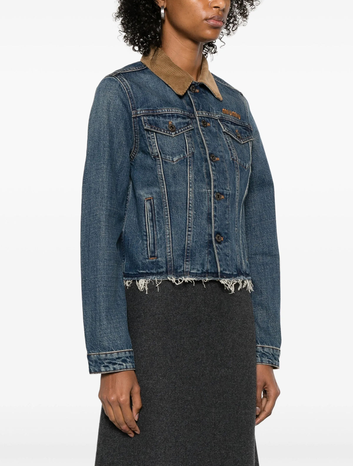 MIU MIU corduroy collar jacket,MIU MIU GWB235SOOO1567,MIU MIU denim jacket,Miu Miu denim jacket blue,Miu MIU brown collar den