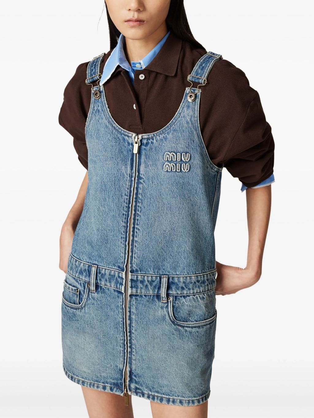 MIU MIU GWA218SOOO16T1,Miu Miu denim mini dress,Miu Miu denim sleeveless dress,Miu Miu mini dress,Miu Miu denim dress,MIU MIU