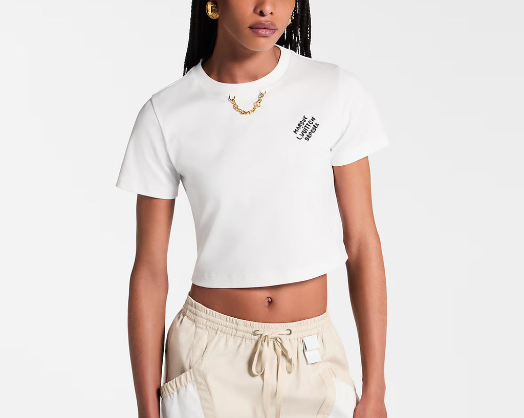 Louis Vuitton 1AHX84,LV 1AHX84,Louis Vuitton embroidered signature crop top,Louis Vuitton embroidered signature t-shirt,LV wh