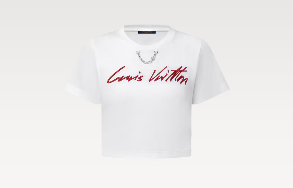Louis Vuitton 1AHJHR,LV 1AHJHR,Louis Vuitton cursive signature crop top,Louis Vuitton signature t-shirt,LV t-shirt womens,LV