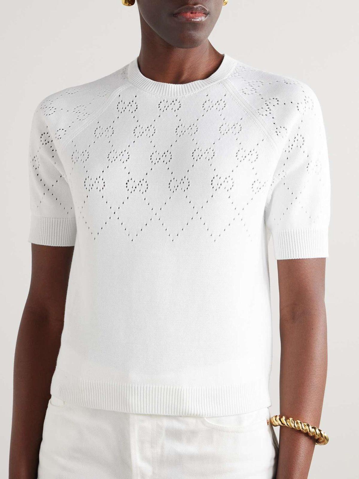 Gucci 820703 XKE06,Gucci pointelle knit cotton sweater,Gucci white monogram sweater,Gucci womens white sweater,Gucci white sw