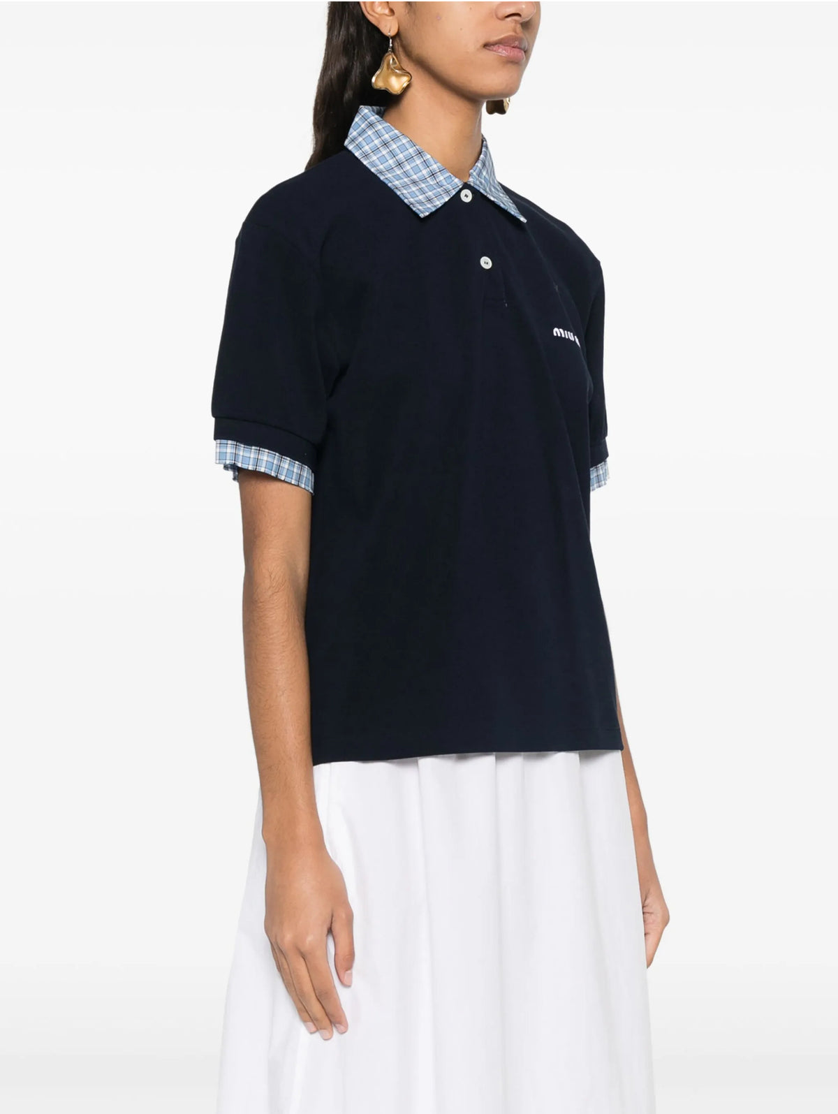 MIU MIU MJN555SOOO15WD,Miu Miu layered polo shirt,Miu Miu layered navy polo shirt,Miu Miu navy polo shirt,Miu Miu polo shirt