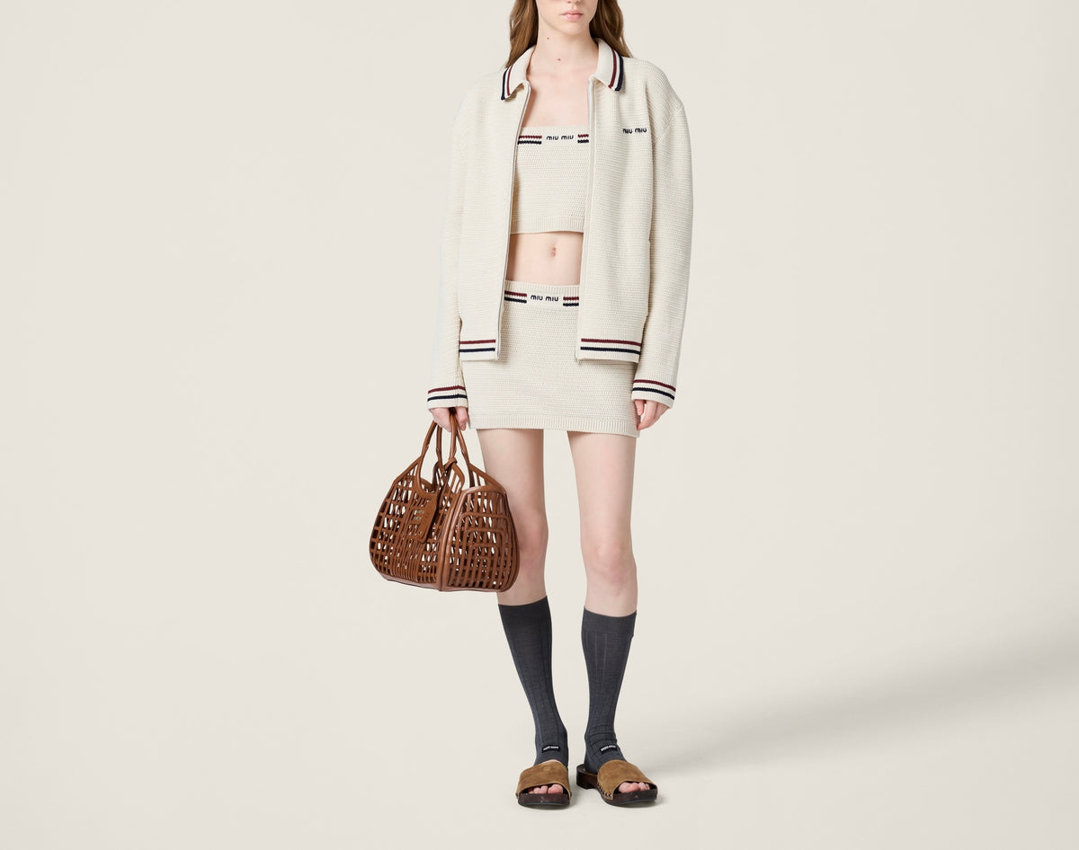 MIU MIU MMF969,Miu Miu cotton knit zipper cardigan,Miu Miu zipper cardigan,Miu Miu zipper cardigan beige,Miu Miu cardigan,Miu