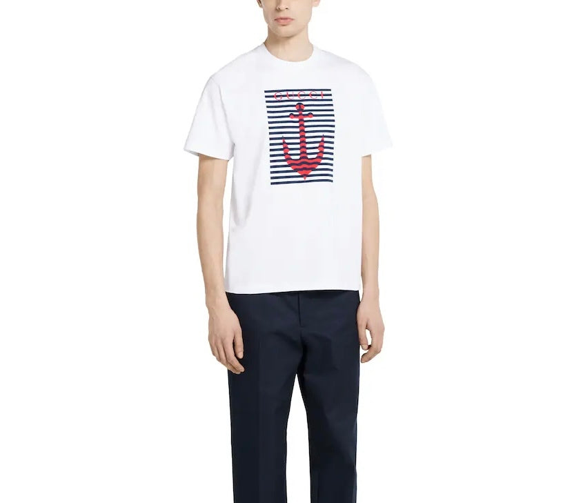 Gucci 796395 XJHDI,Gucci anchor printed T-shirt,Gucci white T-shirt anchor,Gucci anchor mens T-shirt,Gucci white T-shirt 2025