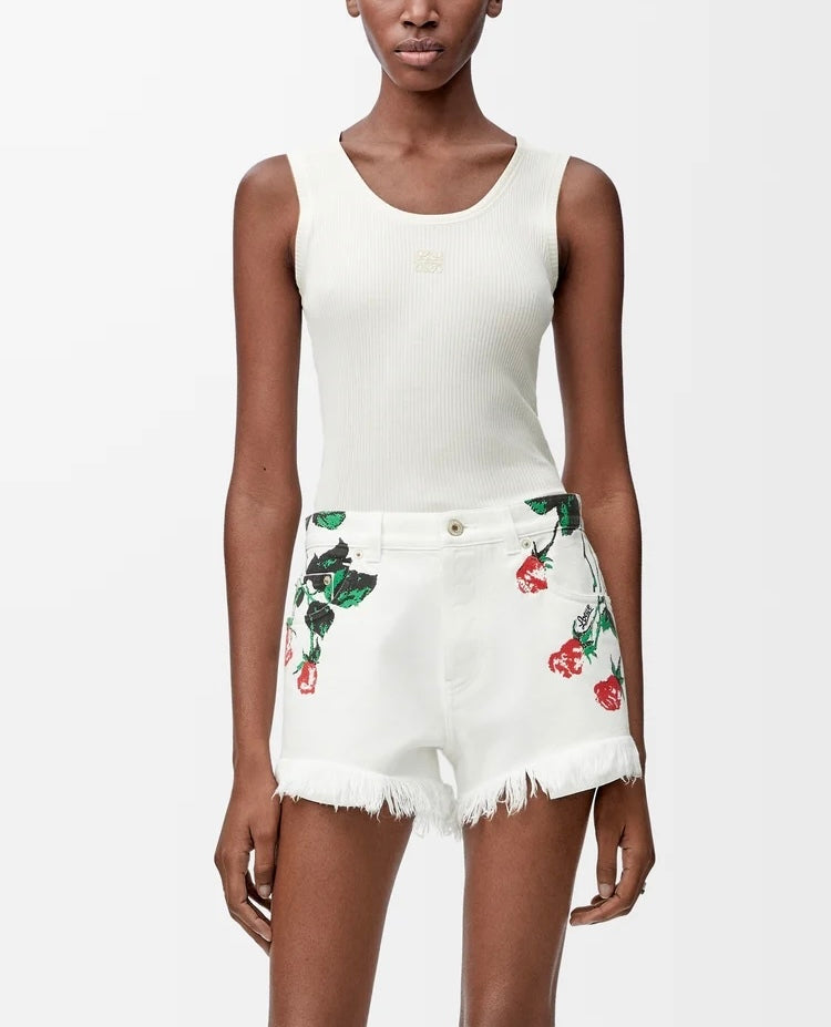 Loewe S616Y1GX03,Loewe shorts denim,Loewe white shorts,Loewe white denim shorts,Loewe white shorts flower pattern,Loewe white