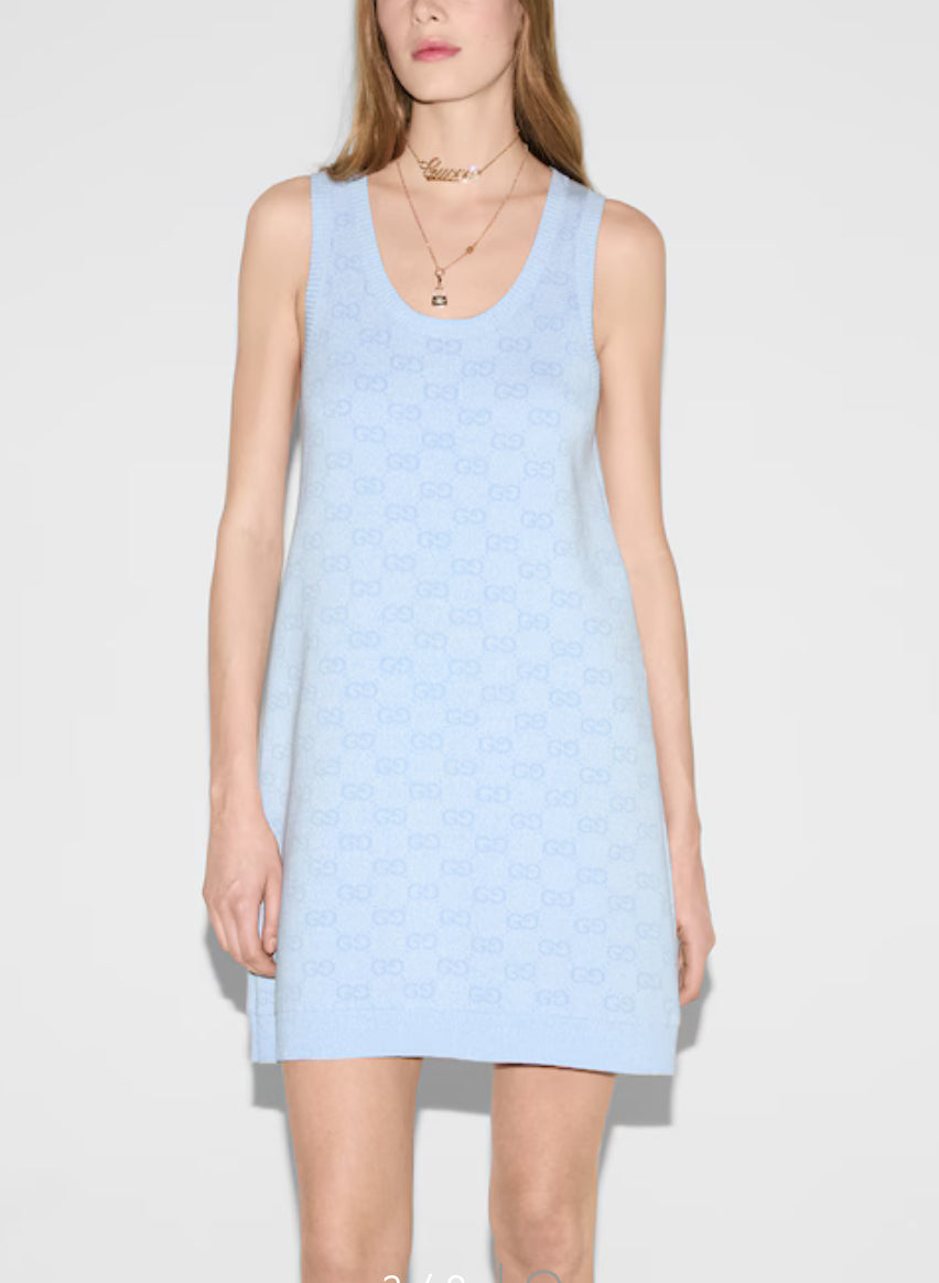 Gucci 786403 XKEPI,Gucci GG monogram mini dress, Gucci GG monogram blue dress,Gucci blue dress,Gucci blue sleeveless dress,Gu