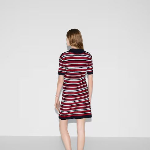 Gucci 818612 XKENN,Gucci v-neck dress,Gucci v-neck striped dress,Gucci v-neck red dress,Gucci red striped dress,Gucci striped