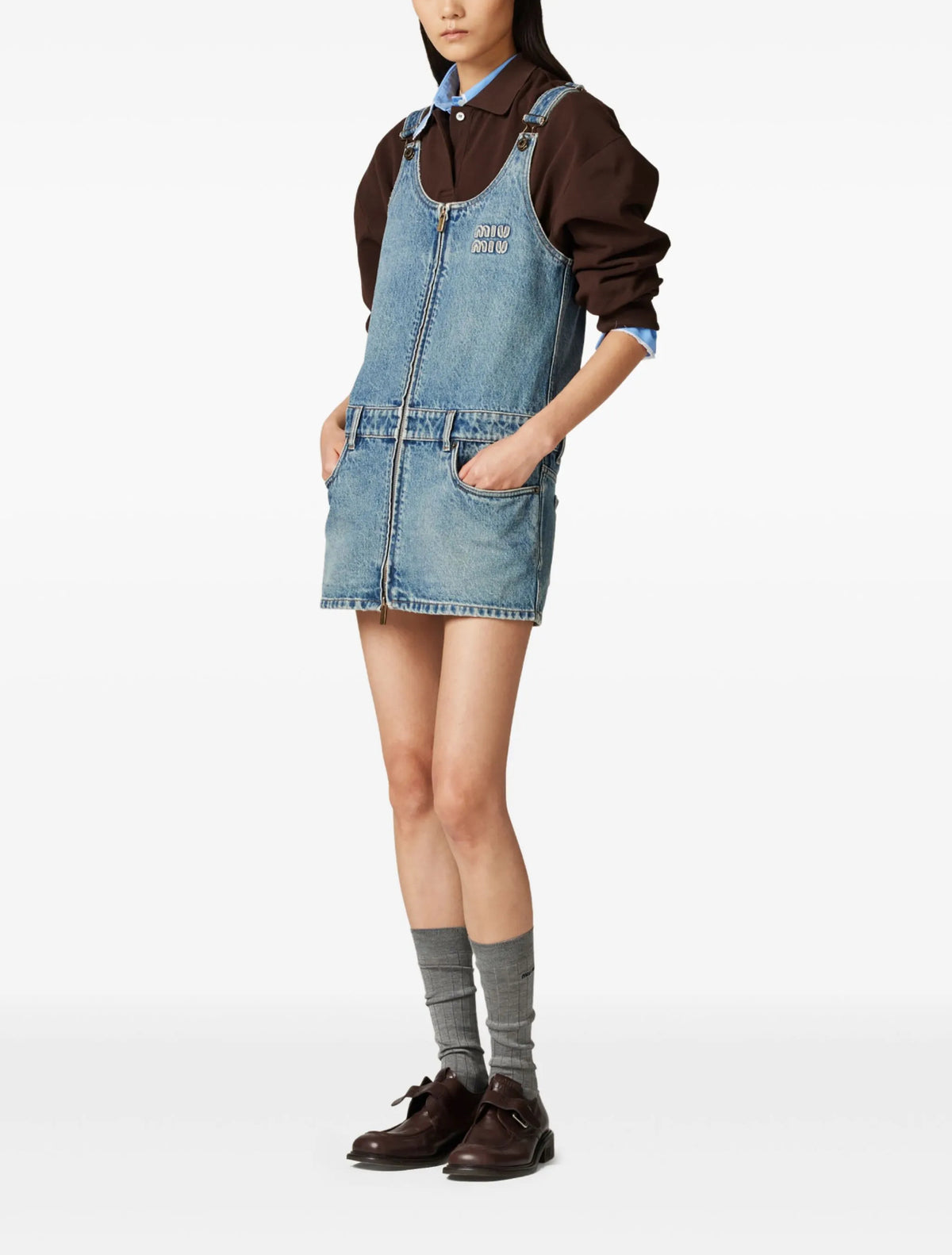 MIU MIU GWA218SOOO16T1,Miu Miu denim mini dress,Miu Miu denim sleeveless dress,Miu Miu mini dress,Miu Miu denim dress,MIU MIU