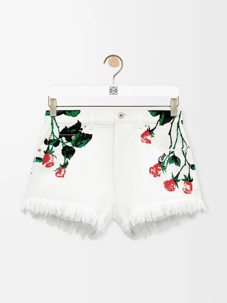 Loewe S616Y1GX03,Loewe shorts denim,Loewe white shorts,Loewe white denim shorts,Loewe white shorts flower pattern,Loewe white