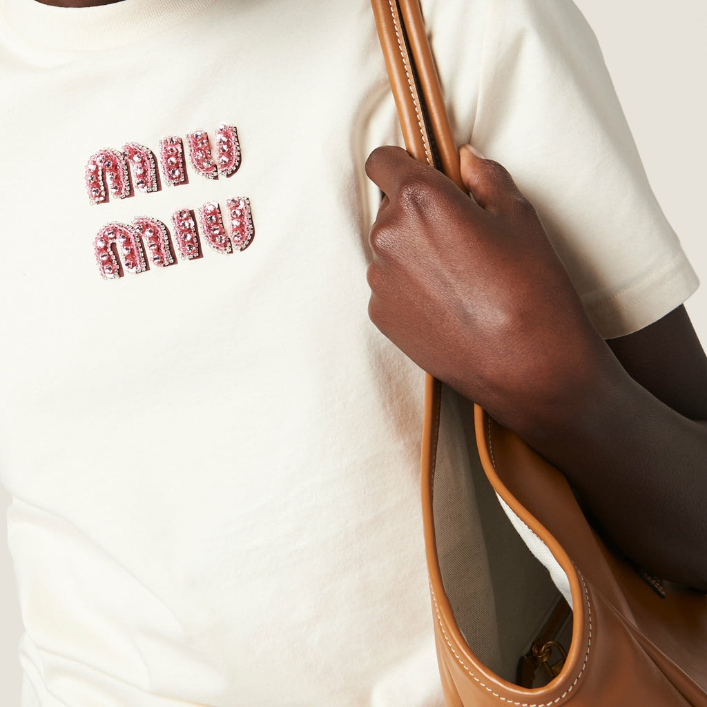 Miu miu MJN499_14AR,Miu Miu white T-shirt,Miu Miu white women T-shirt,Miu Miu white T-shirt rhinestone,Miu Miu logo T-shirt,M