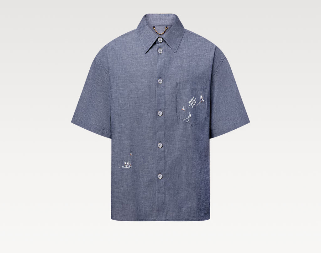 Louis Vuitton 1AHVVV,LV 1AHVVV,Louis Vuitton embroidered short sleeved shirt,LV denim short sleeved shirt,Louis Vuitton denim