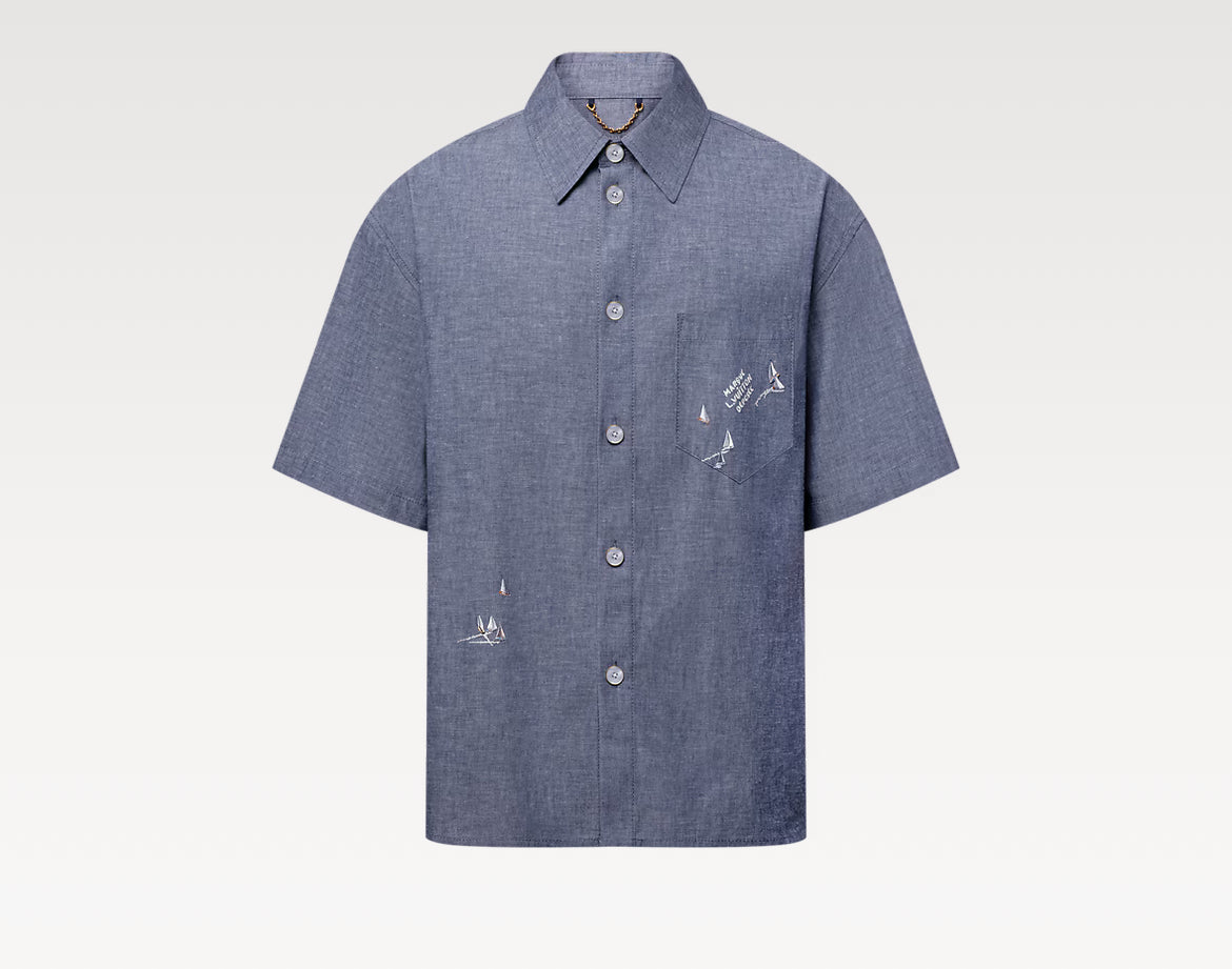 Louis Vuitton 1AHVVV,LV 1AHVVV,Louis Vuitton embroidered short sleeved shirt,LV denim short sleeved shirt,Louis Vuitton denim