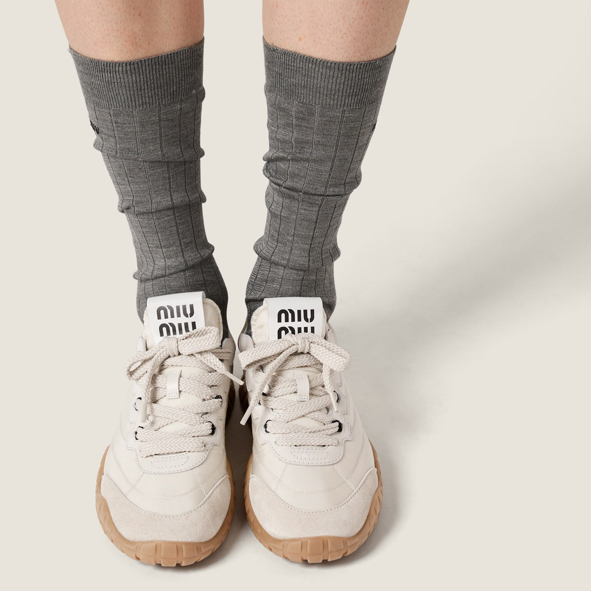 Winniemodo,Winnie modo,MIU MIU 5E417E,Miu Miu Tyre technical fabric and suede sneakers,MIU MIU sneaker white,MIU MIU sneaker