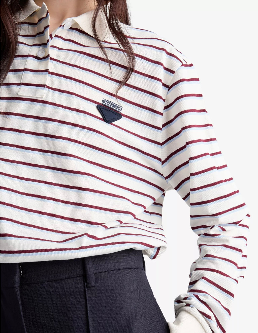 Prada 39608,Prada striped logo patch cotton piqué polo shirt,Prada striped polo shirt,Prada stripe long sleeve polo shirt,Pra