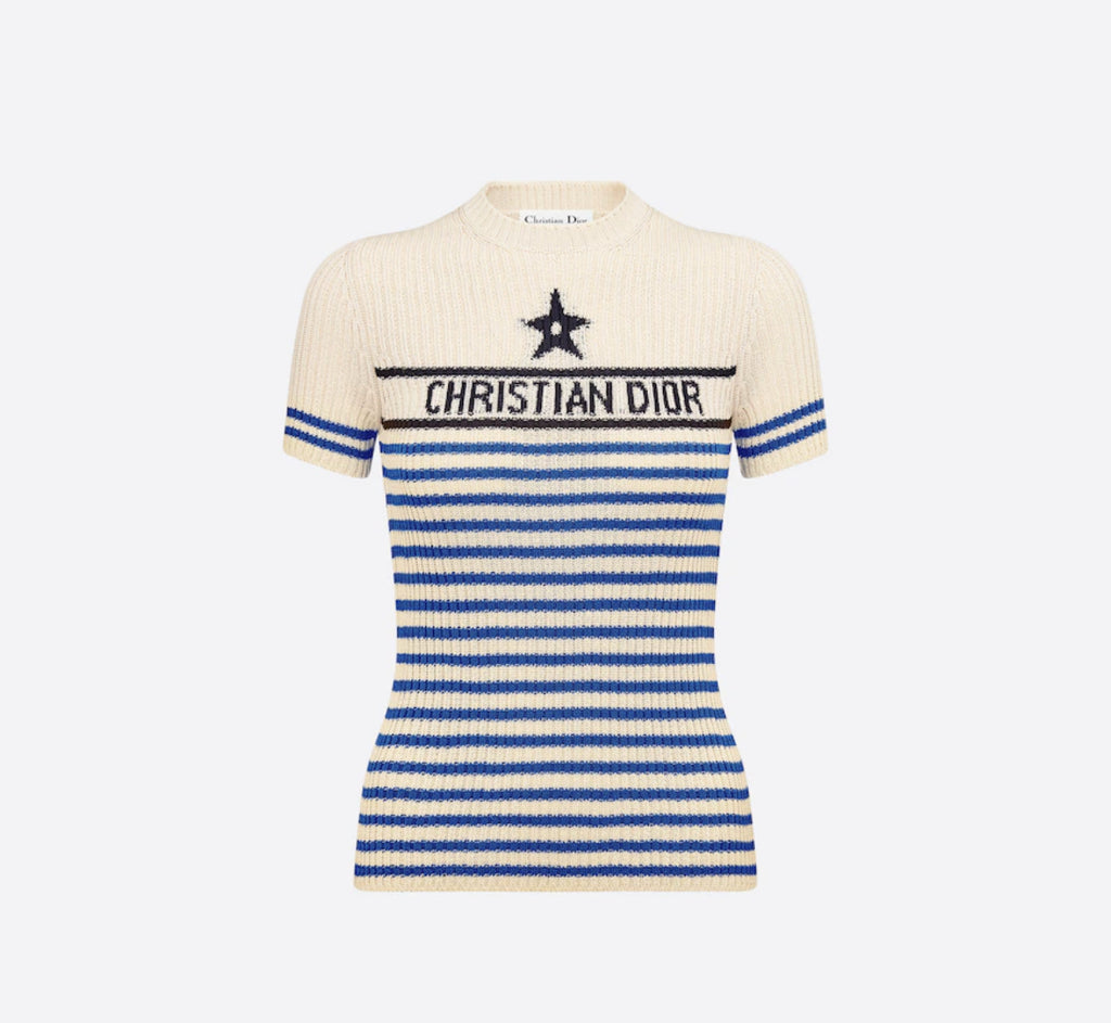 DIORIVIERA ‘ST-TROPEZ’ SHORT SLEEVED SWEATER,Dior striped sweater,DIOR women's sweater blue,dior 244S15ST730,dior knitwear on
