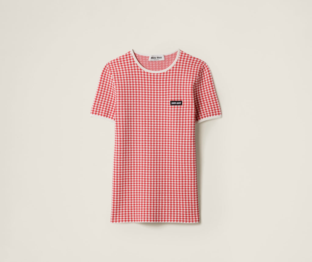 MIU MIU MMLB29,Miu Miu Viscose sweater,Miu Miu short sleeve sweater,Miu Miu short sleeve sweater red,Miu Miu short sleeve swe