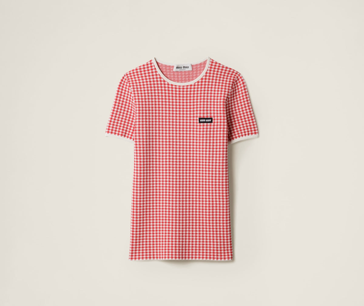MIU MIU MMLB29,Miu Miu Viscose sweater,Miu Miu short sleeve sweater,Miu Miu short sleeve sweater red,Miu Miu short sleeve swe