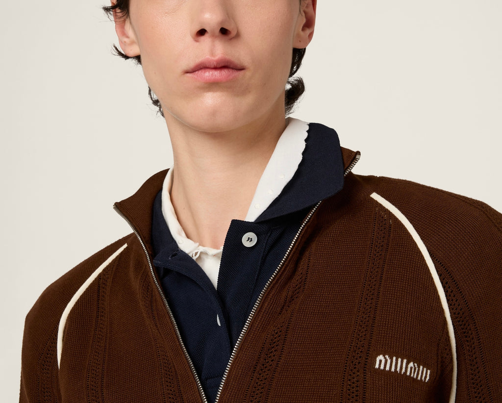 MIU MIU MMF97417N2SOOO,Miu Miu cotton cardigan,Miu Miu zip up jacket,MIU MIU jacket,MIU MIU brown jacket,MIU MIU brown cardig
