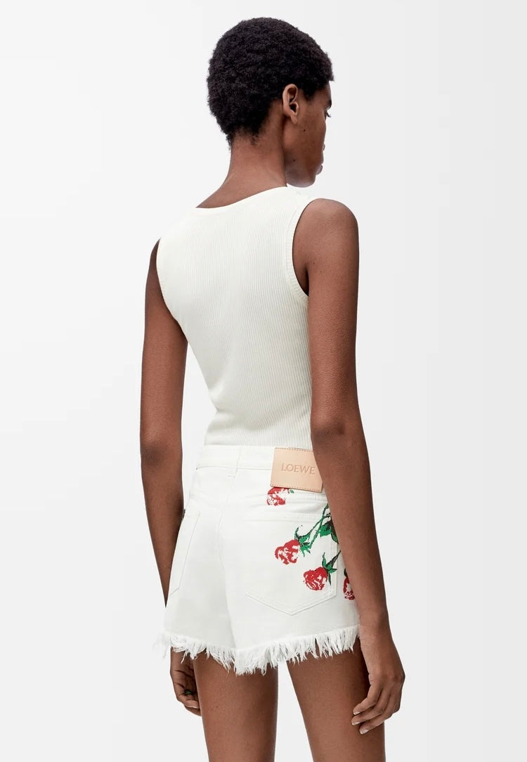 Loewe S616Y1GX03,Loewe shorts denim,Loewe white shorts,Loewe white denim shorts,Loewe white shorts flower pattern,Loewe white