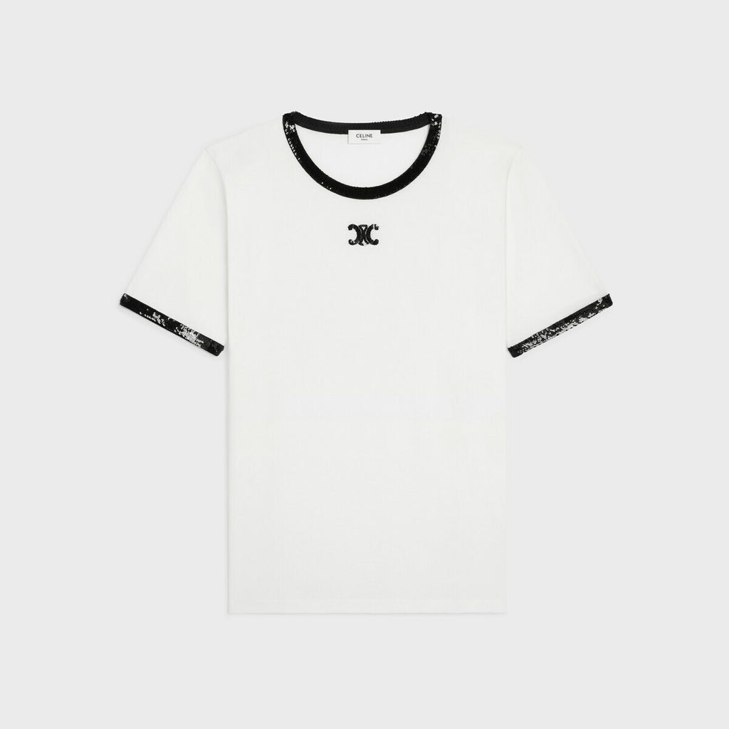Celine RX05Z671Q.01OB,Celine triomphe T-shirt,Celine womens triomphe T-shirt,Celine womens triomphe white T-shirt,Celine whit