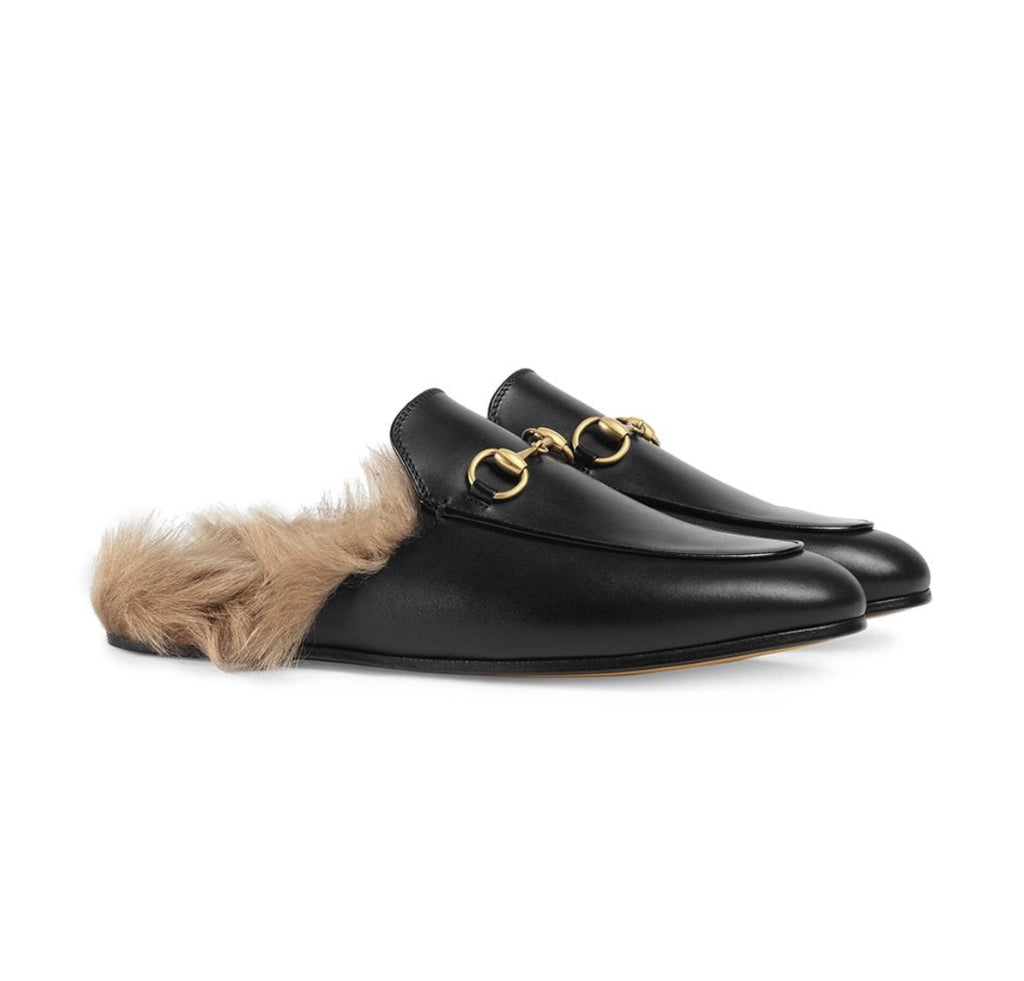 Gucci Black Princetown leather fur lined mules