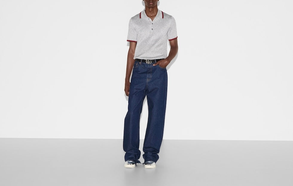 Gucci 805174XKEJE,Gucci lurex polo shirt,Gucci lurex silver polo shirt,Gucci silver polo shirt,Gucci silver men’s polo shirt,