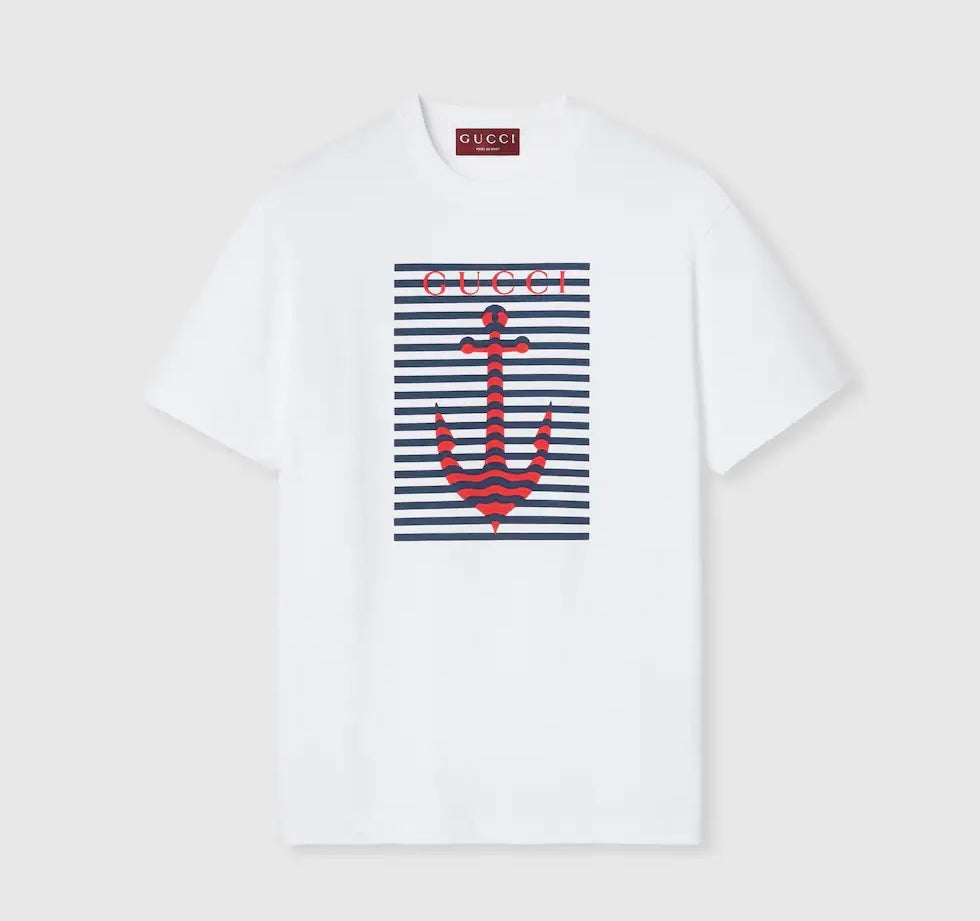 Gucci 796395 XJHDI,Gucci anchor printed T-shirt,Gucci white T-shirt anchor,Gucci anchor mens T-shirt,Gucci white T-shirt 2025