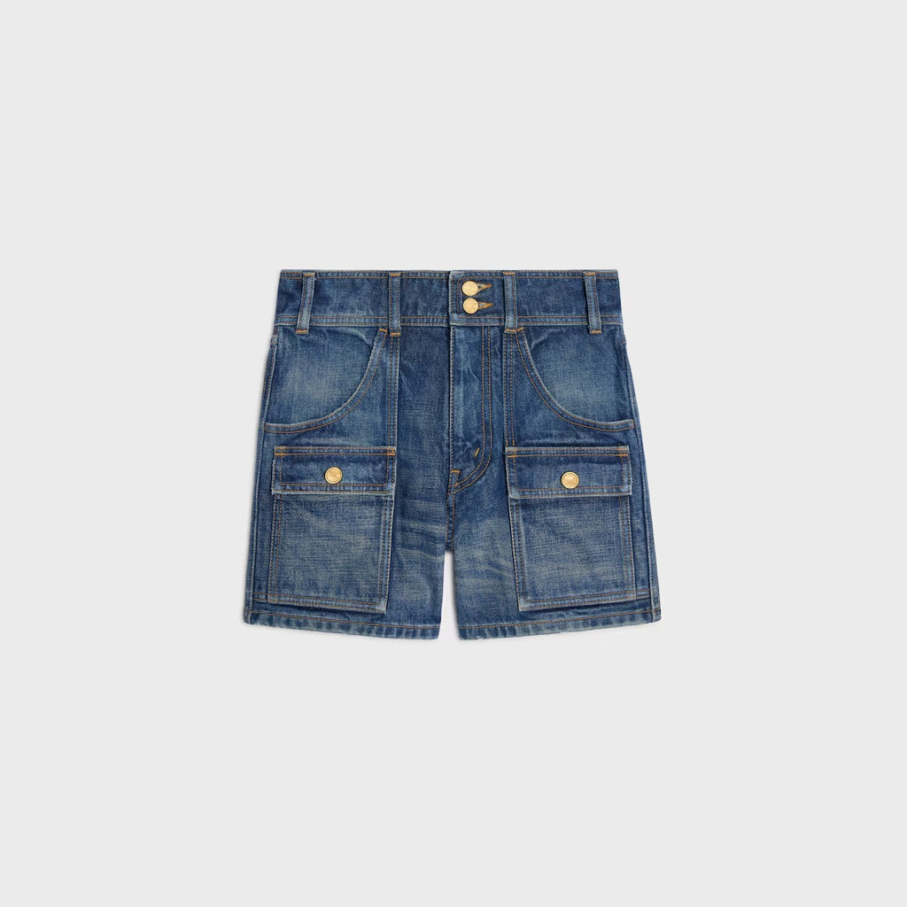 Celine RP06N930F.07DU,Celine kitty shorts wash denim,Celine denim shorts,Celine denim shorts womens,Celine shorts womens,Celi