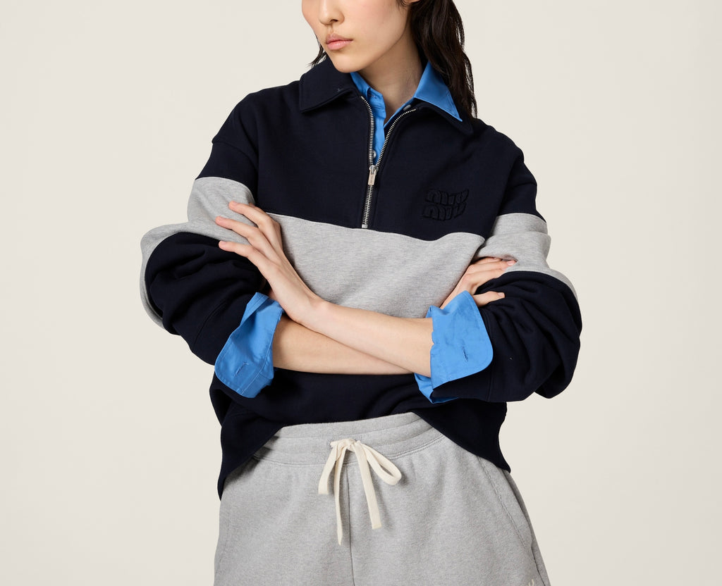 MIU MIU MJL090SOOO17H4,Miu Miu half zip sweatshirt,Miu Miu half zip blue sweatshirt,Miu Miu half zip sweater,Miu Miu half zip