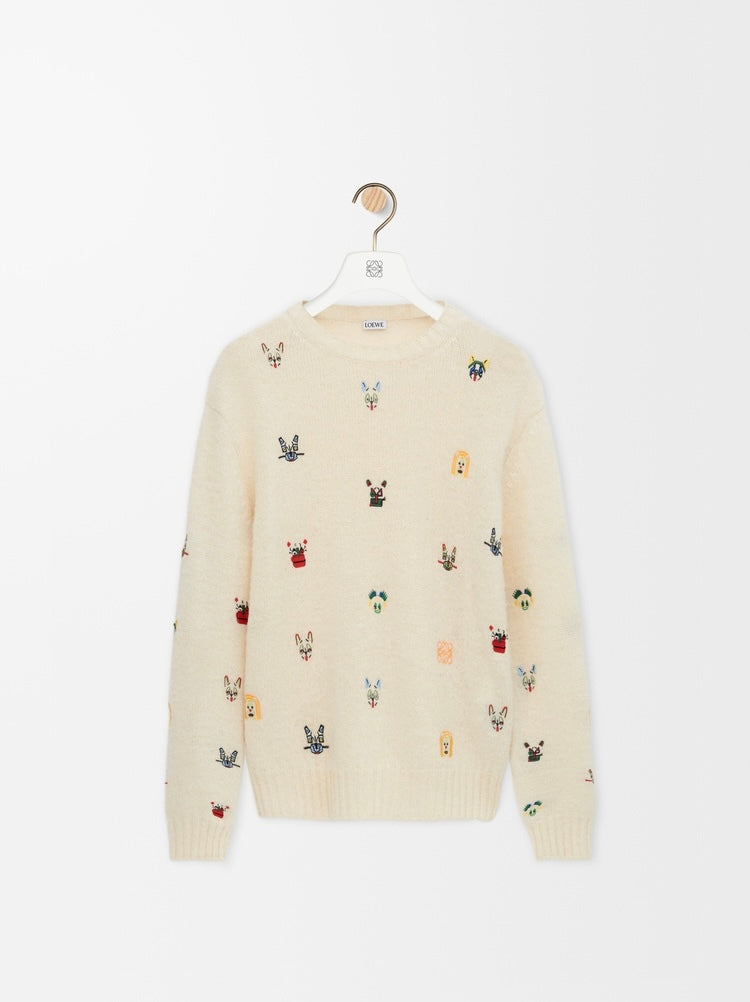Winniemodo,Winniemodony,Loewe S359Y14KIH,Loewe sweater wool,Loewe sweater dog embroidery,Loewe knit sweater white,Loewe sweat