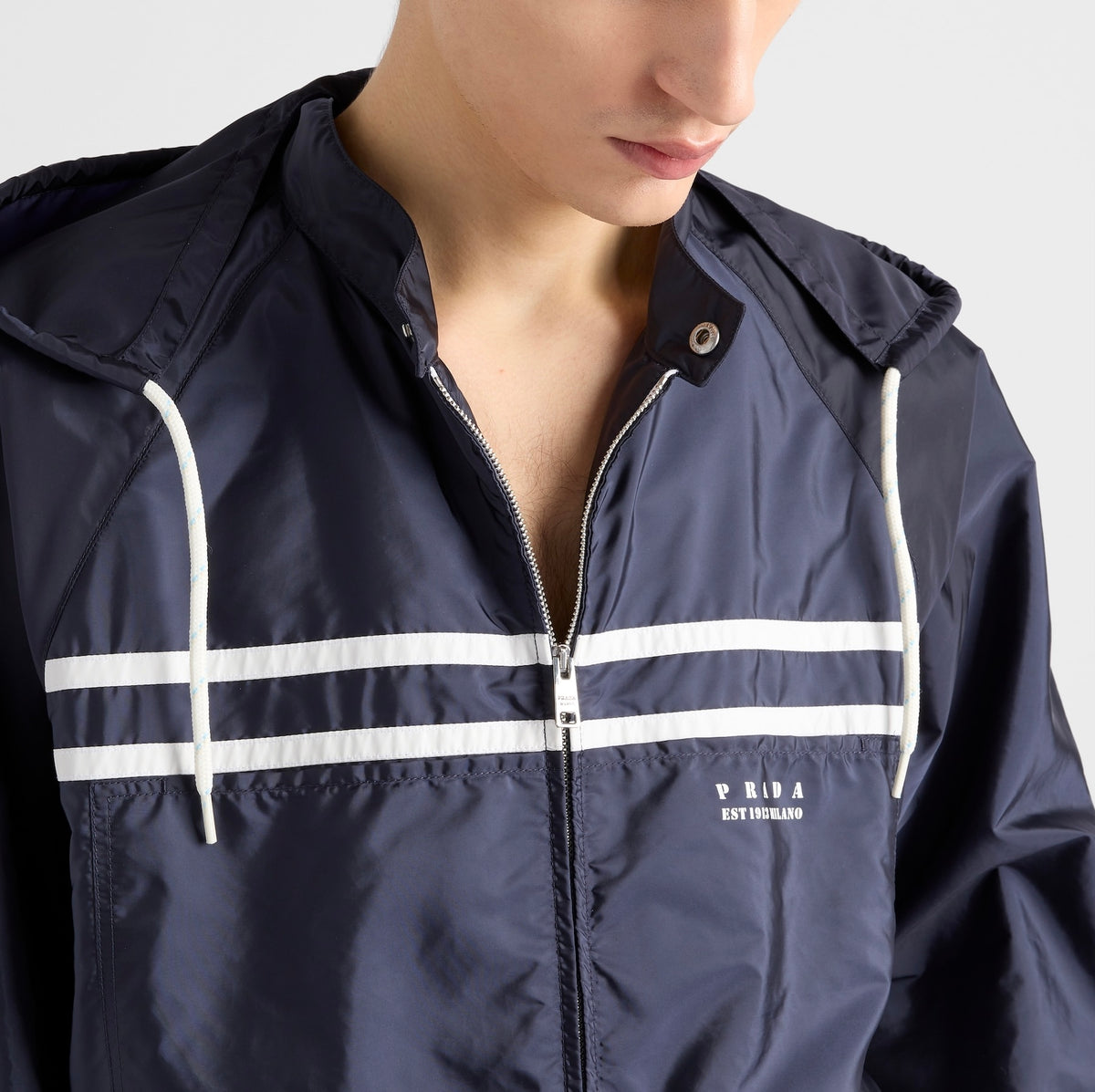Prada SGC904_1WQ9_S_OOO,Prada Re-nylon jacket,Prada zip up jacket,Prada blue hood jacket,Prada blue jacket mens,Prada jacket