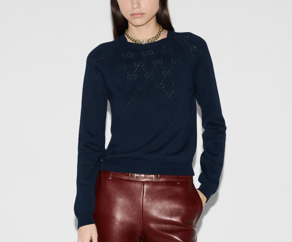 Gucci 820702 XKEO6,Gucci cotton crew neck top with GG diamond pattern,Gucci GG argyle sweater,Gucci Navy womens sweater,Gucci