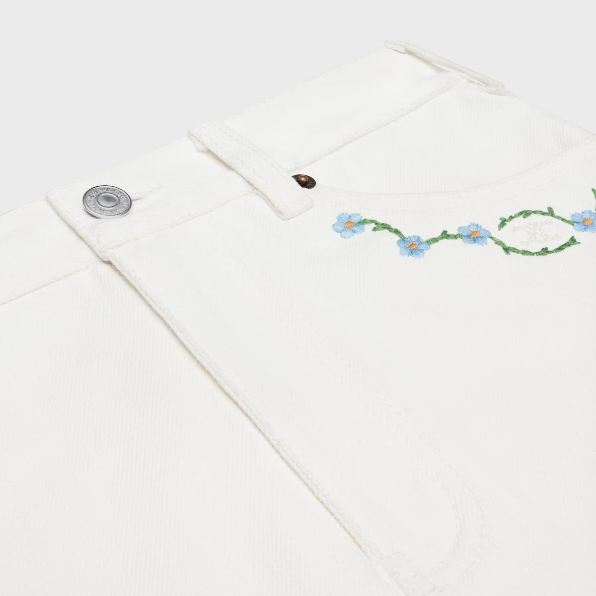 Celine RJ031360.07IA,Celine embroidered mini skirt,Celine embroidered white mini skirt,Celine mini skirt flower embroidered,C