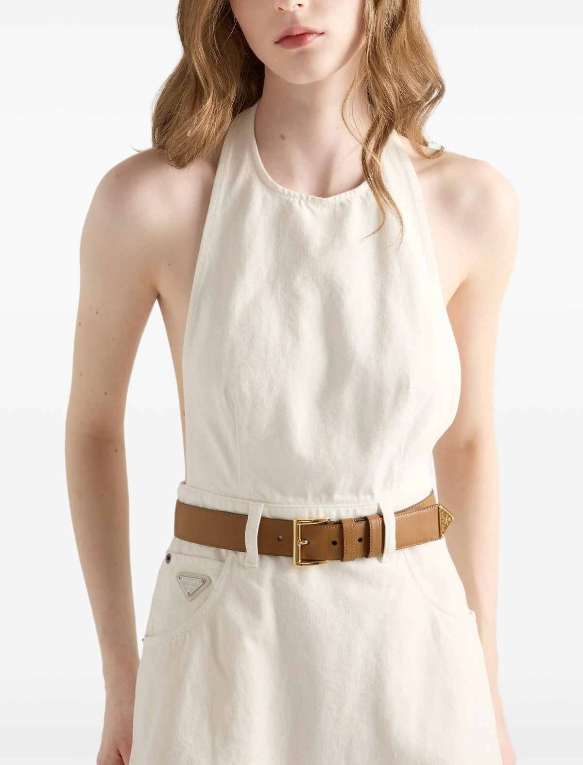 Prada GFA141SOOO14LW,Prada white mini dress,Prada white denim dress,Prada sleeveless white dress,Prada white dress,Prada whit