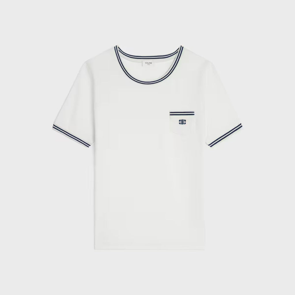 Celine RX097671Q.01MA,Celine 70’s triomphe T-shirt,Celine triomphe pocket T-shirt,Celine triomphe white T-shirt,Celine white
