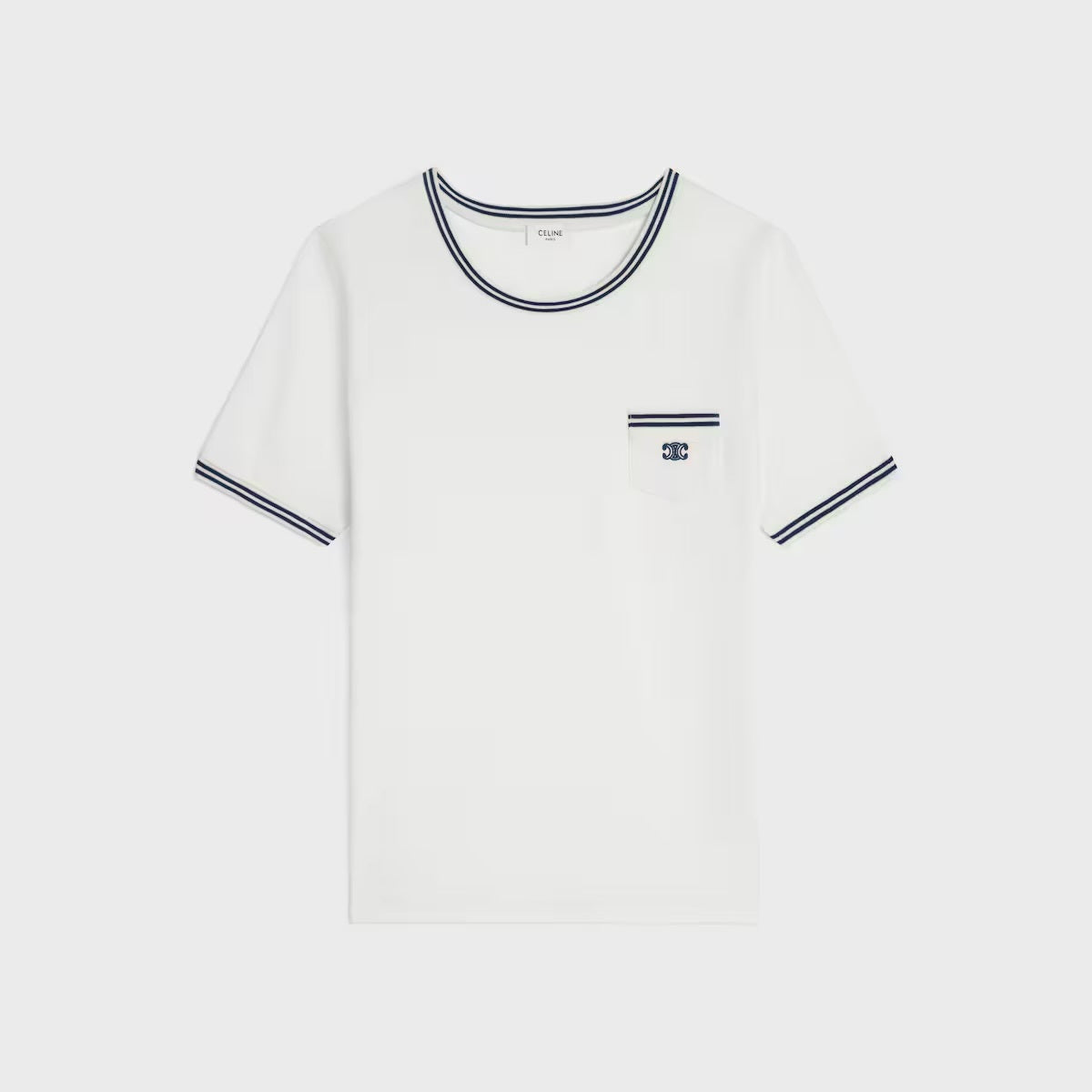 Celine RX097671Q.01MA,Celine 70’s triomphe T-shirt,Celine triomphe pocket T-shirt,Celine triomphe white T-shirt,Celine white