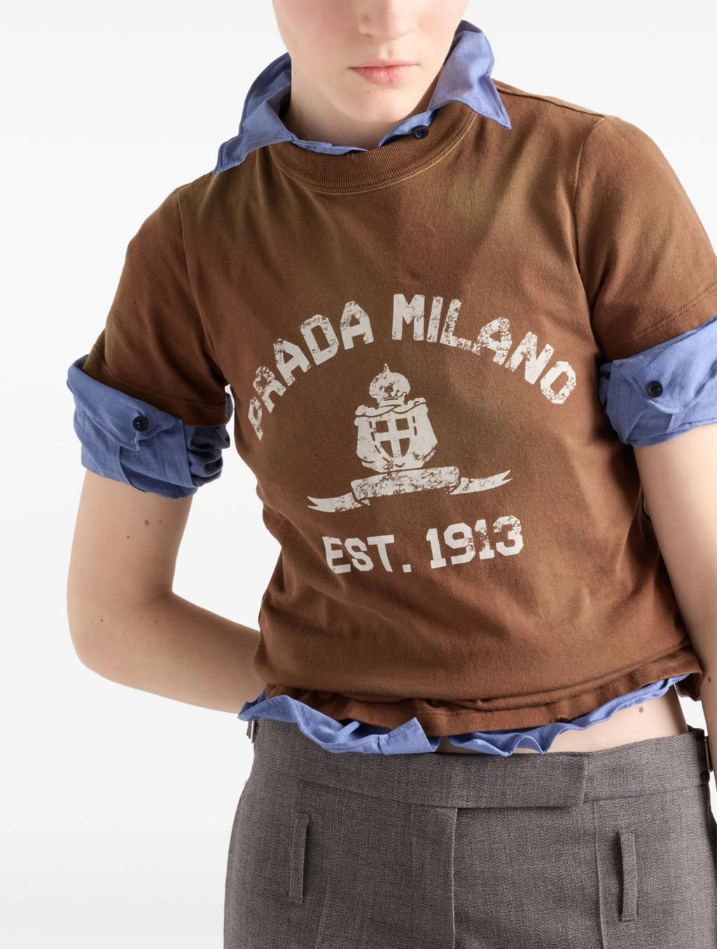 Prada 3557BSOOO16XQ,Prada printed T-shirt,Prada Milano white t-shirt,Prada Milano brown t-shirt,Prada white t-shirt,Prada bro